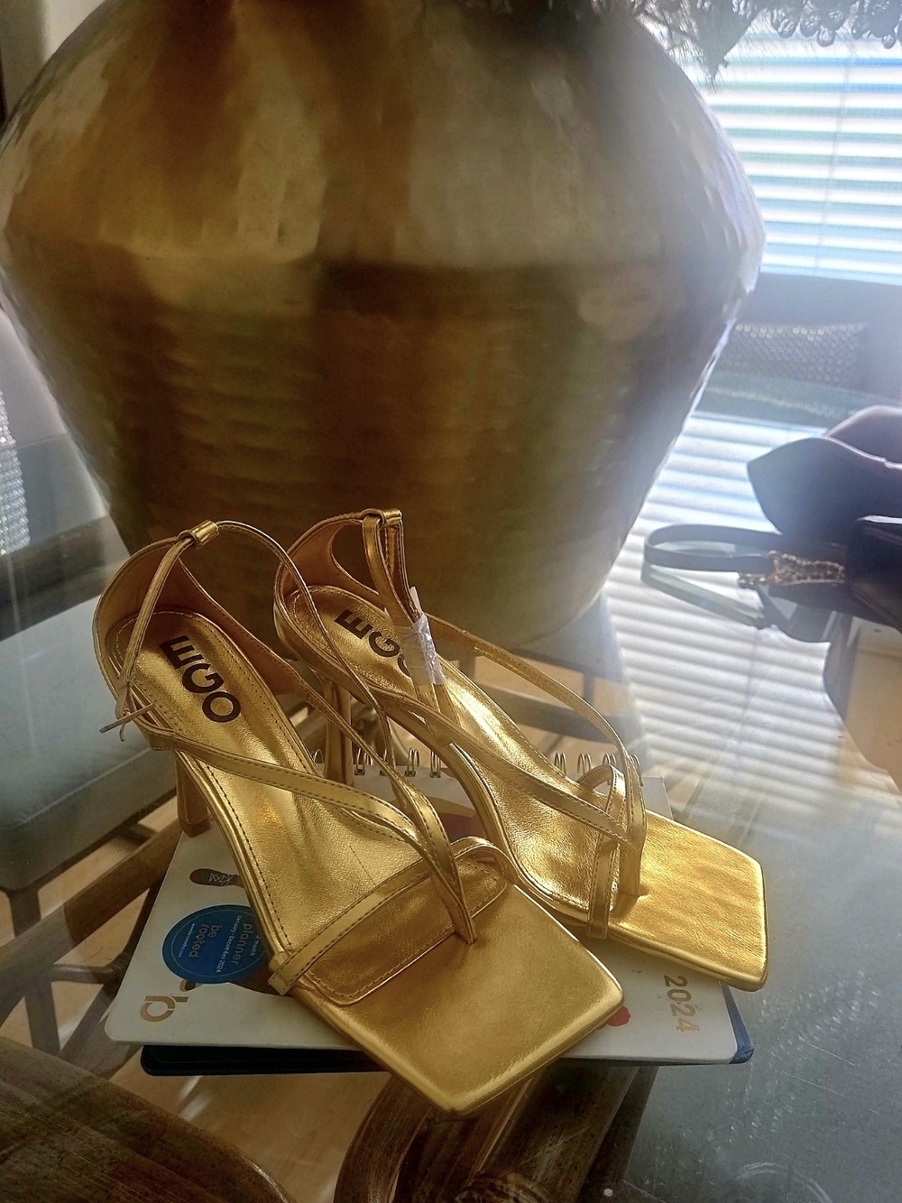 EGO Metallic Gold Strappy Square Toe Heels